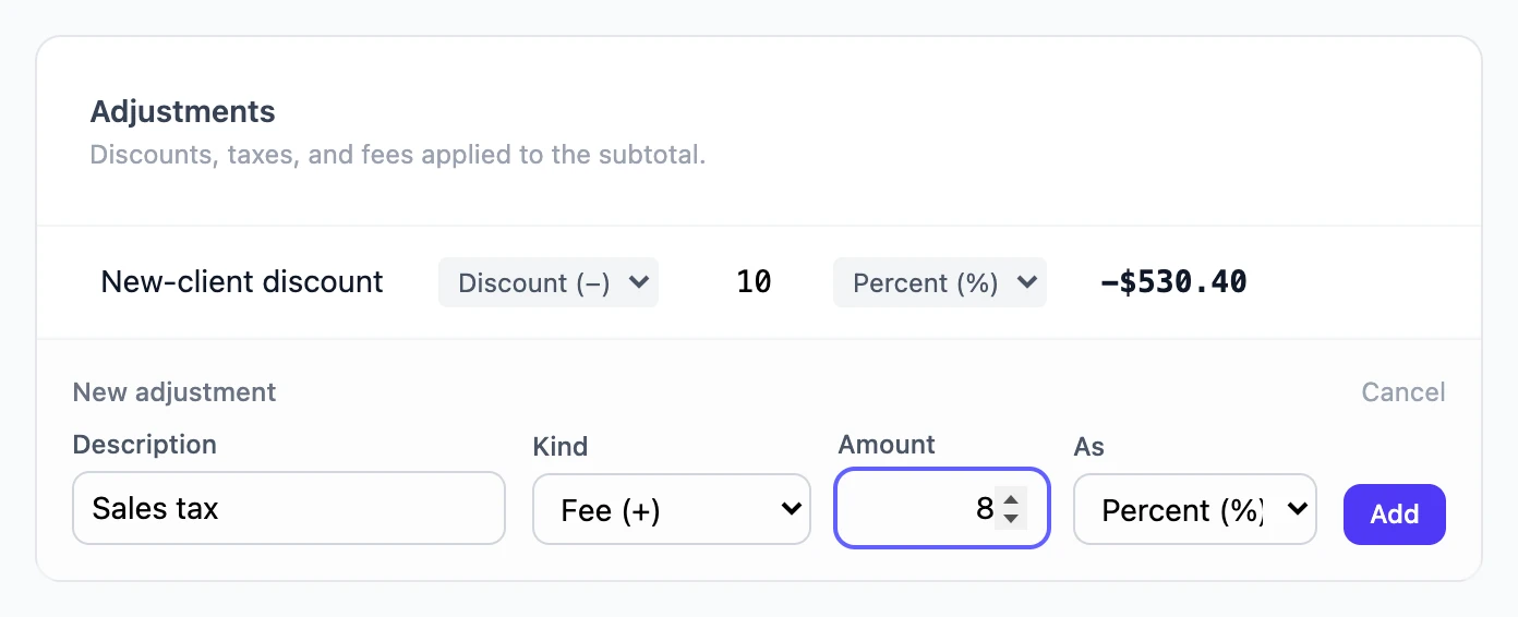 The Adjustments card with a 10% discount and a trip charge being added